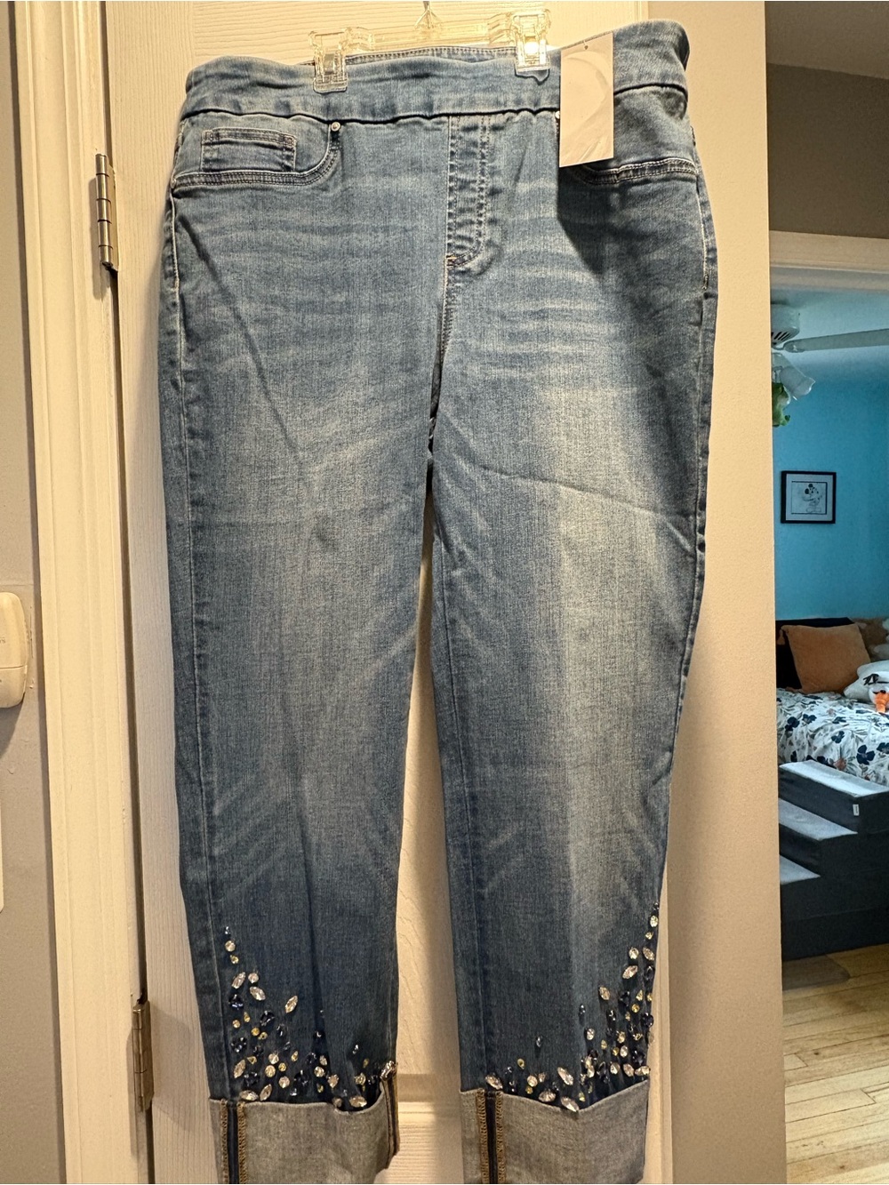 Chico's Light Blue Cropped Jeans with Cuff Embellishments